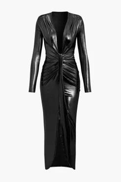 Metallic V-neck Ruched Slit Wrap Maxi Dress
