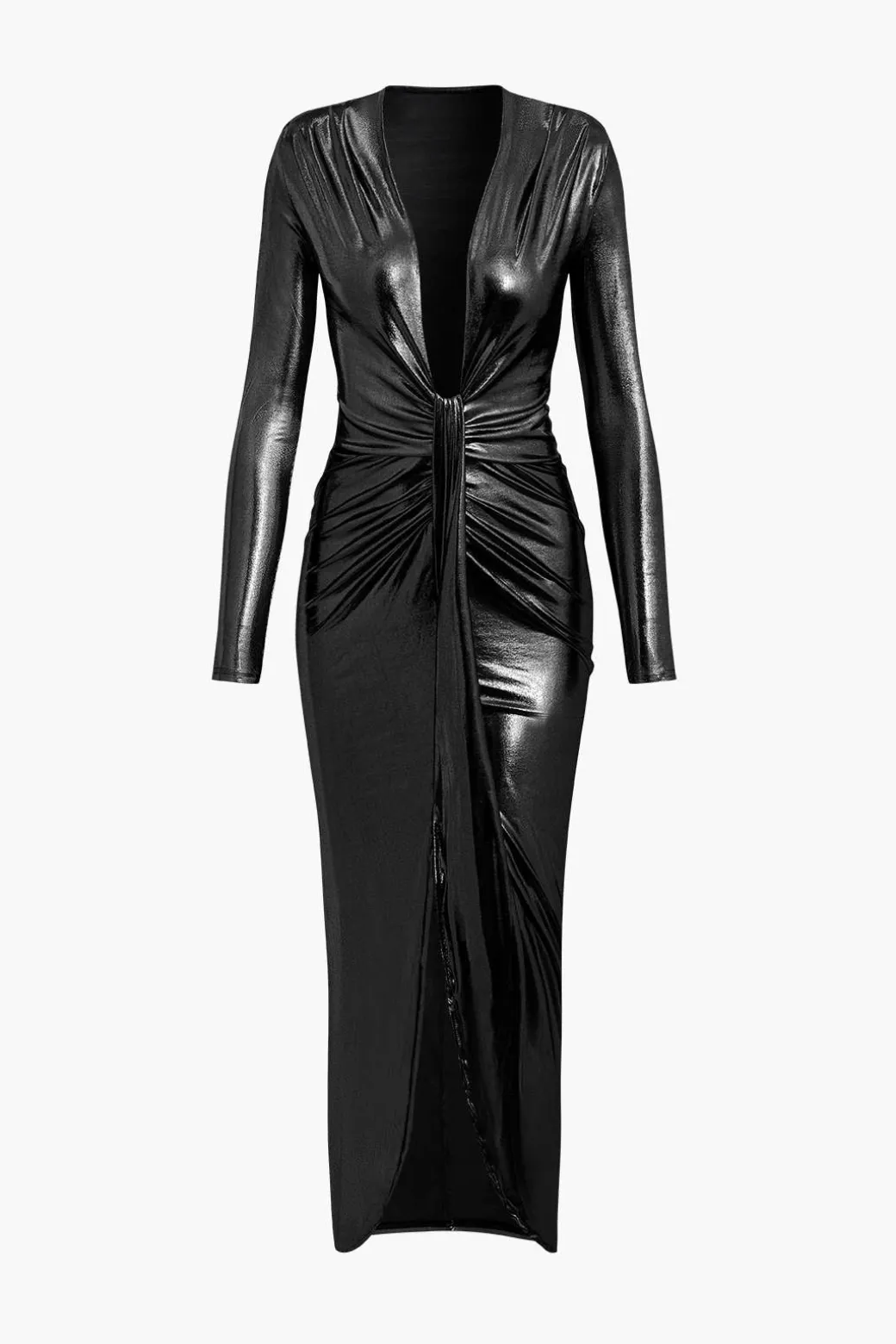 Metallic V-neck Ruched Slit Wrap Maxi Dress