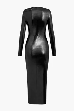Metallic V-neck Ruched Slit Wrap Maxi Dress