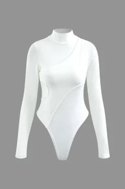 Mock Neck Asymmetric Paneled Cut Out Bodysuit
