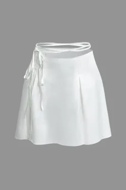 Mock Neck Button Up Bell Sleeve Crop Shirt And Mini Skirt Set
