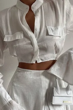 Mock Neck Button Up Bell Sleeve Crop Shirt And Mini Skirt Set