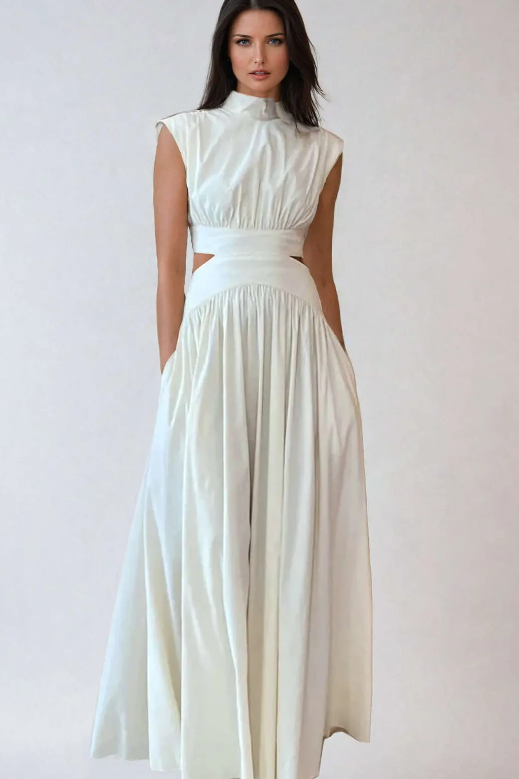 Mock Neck Cut Out Pleated Maxi Dress