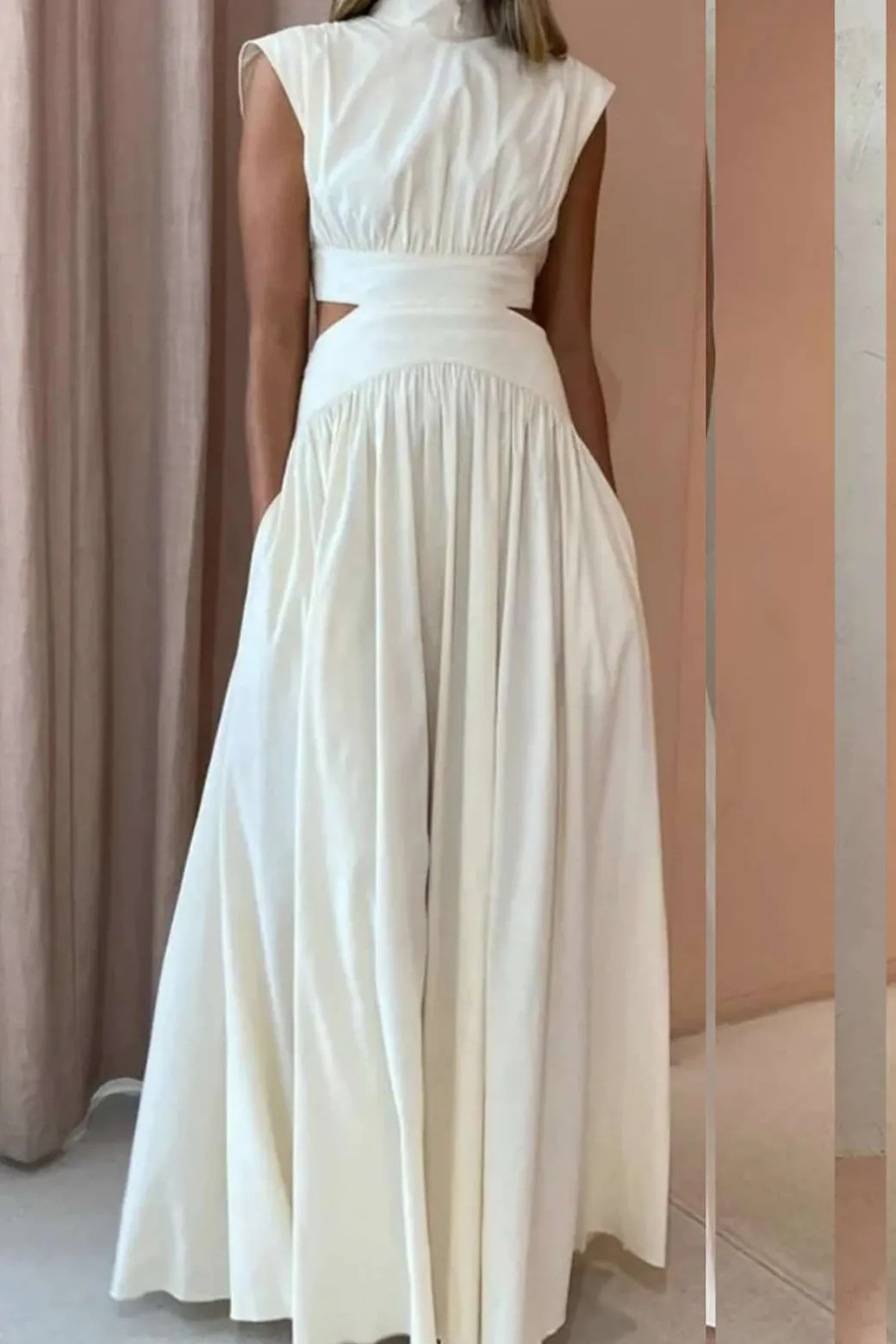 Mock Neck Cut Out Pleated Maxi Dress