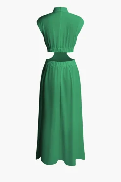 Mock Neck Cut Out Pleated Maxi Dress