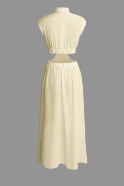 Mock Neck Cut Out Pleated Maxi Dress