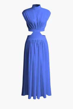Mock Neck Cut Out Pleated Maxi Dress