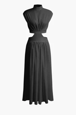 Mock Neck Cut Out Pleated Maxi Dress
