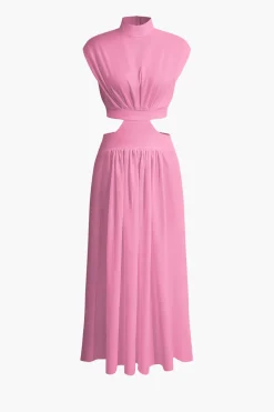 Mock Neck Cut Out Pleated Maxi Dress