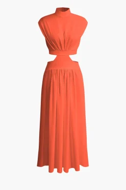 Mock Neck Cut Out Pleated Maxi Dress