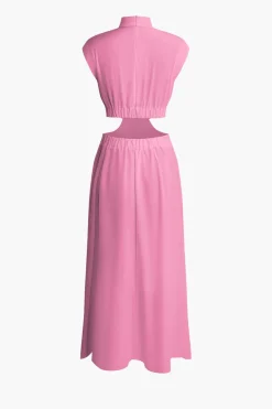 Mock Neck Cut Out Pleated Maxi Dress