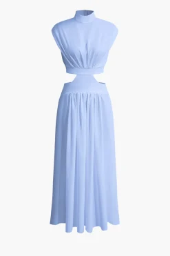 Mock Neck Cut Out Pleated Maxi Dress