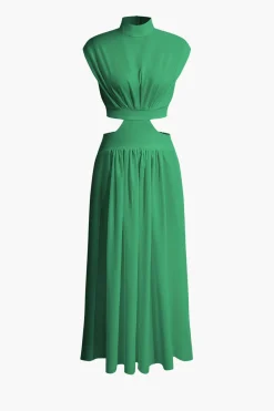 Mock Neck Cut Out Pleated Maxi Dress