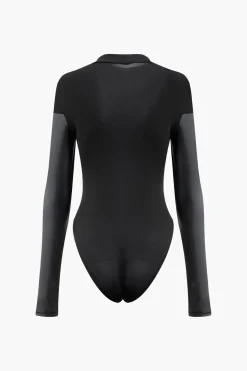 Mock Neck Faux Leather Paneled Long Sleeve Bodysuit