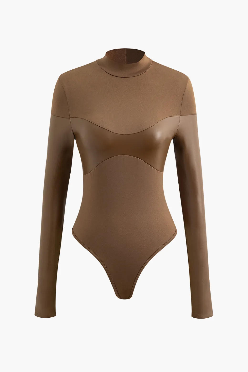 Mock Neck Faux Leather Paneled Long Sleeve Bodysuit