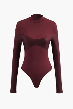 Mock Neck Faux Leather Paneled Long Sleeve Bodysuit