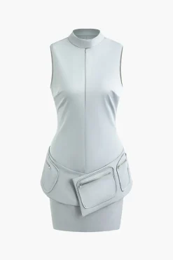 Mock Neck Pocket Detail Sleeveless Mini Dress