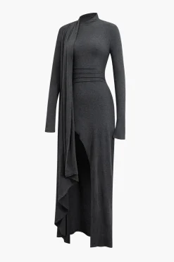 Mock Neck Wrap Ruched Long Sleeve Slit Maxi Dress