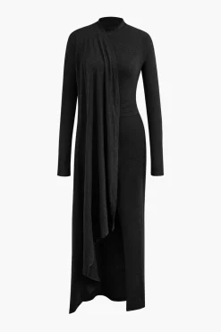 Mock Neck Wrap Ruched Long Sleeve Slit Maxi Dress