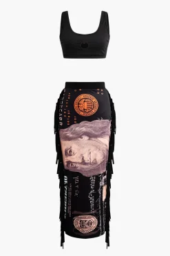 Money Pattern Tassel Skirt Set
