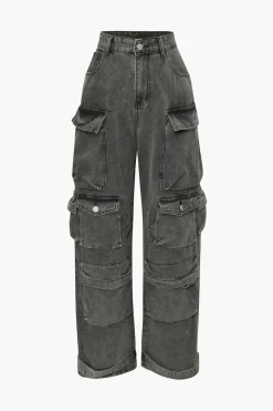Multi Pocket Rolled Hem Wide Leg Cargo Jeans