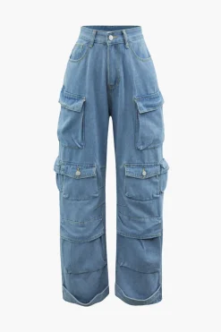 Multi Pocket Rolled Hem Wide Leg Cargo Jeans