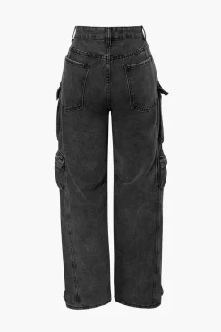 Multi Pocket Rolled Hem Wide Leg Cargo Jeans
