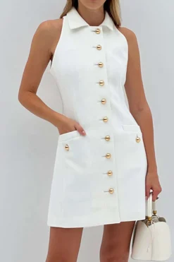 Multi-Button Collared Pocket Mini Dress