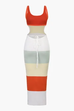 Multicolored Stripe Knitted Backless Maxi Dress