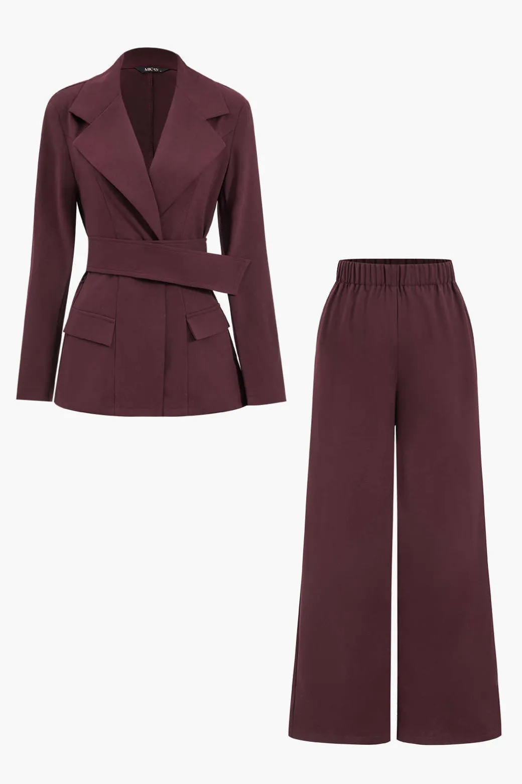 Notched Lapel Belted Blazer And Trousers Set