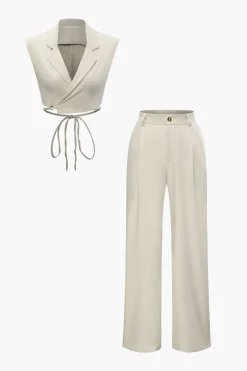 Notched Lapel Tie Back Vest And Straight Leg Suit Pants Set