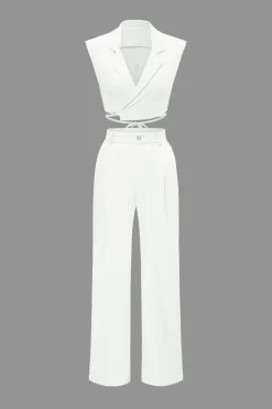 Notched Lapel Tie Back Vest And Straight Leg Suit Pants Set