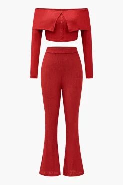 Off Shoulder Cropped Top And Flared Leg Pants Set