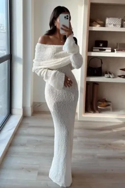 Off Shoulder Open Knit Maxi Dress