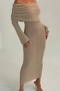 Off Shoulder Open Knit Maxi Dress