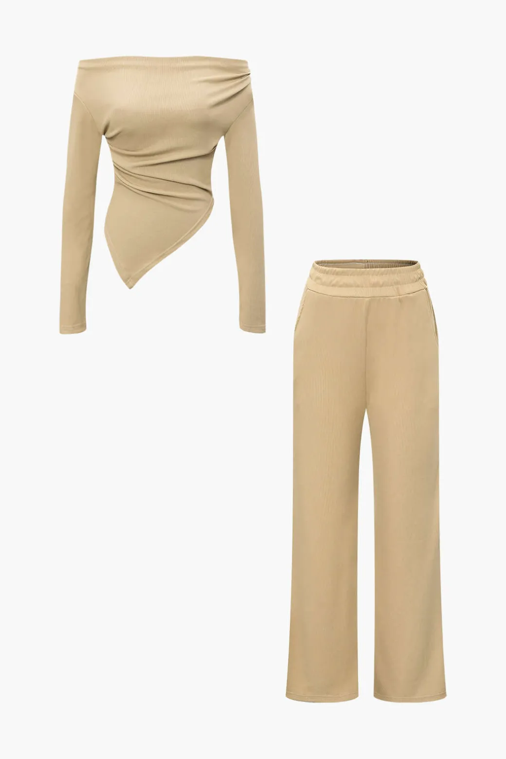 Off Shoulder Ruched Asymmetric Top And Straight Leg Pants Set