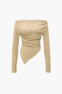 Off Shoulder Ruched Asymmetric Top And Straight Leg Pants Set