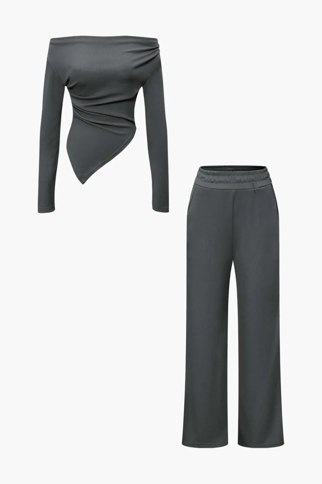 Off Shoulder Ruched Asymmetric Top And Straight Leg Pants Set