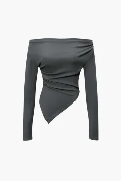 Off Shoulder Ruched Asymmetric Top And Straight Leg Pants Set