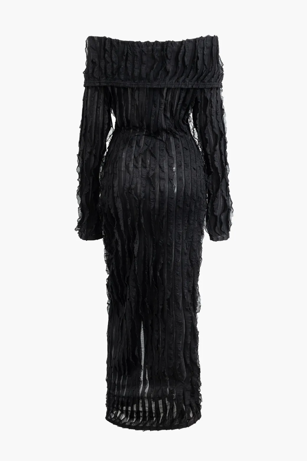 Off Shoulder Textured Button Up Slit Long Sleeve Maxi Dress