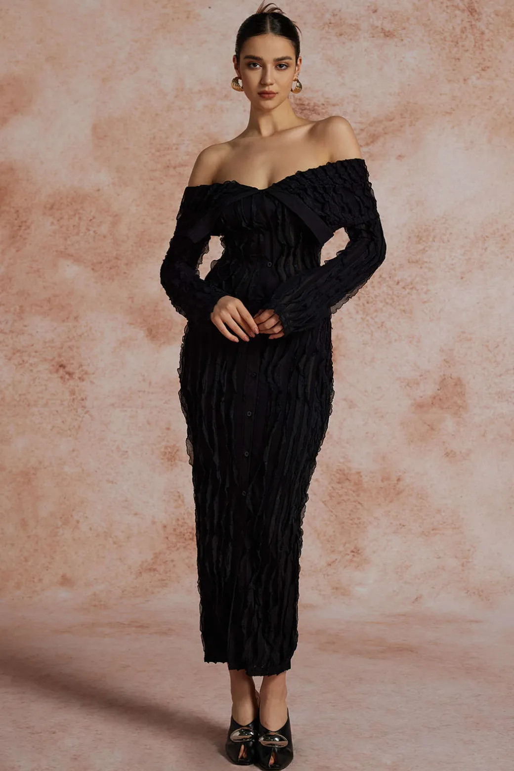 Off Shoulder Textured Button Up Slit Long Sleeve Maxi Dress