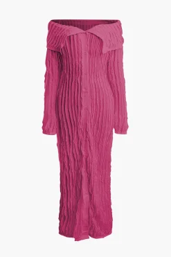 Off Shoulder Textured Button Up Slit Long Sleeve Maxi Dress