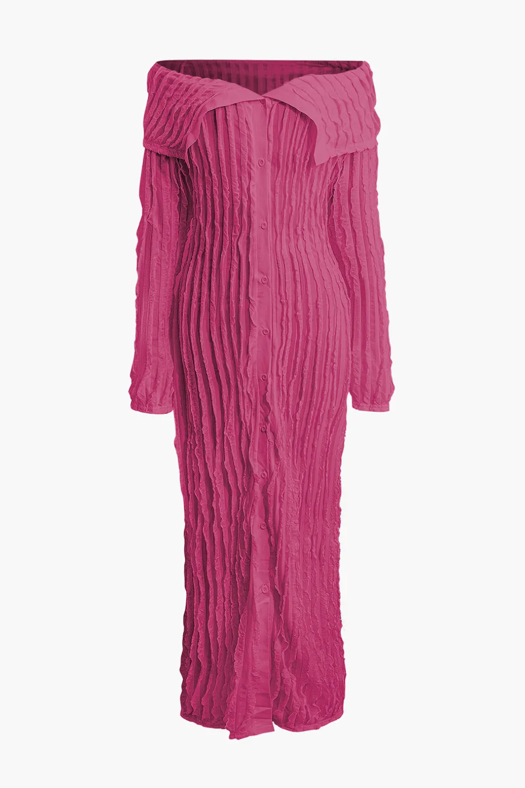 Off Shoulder Textured Button Up Slit Long Sleeve Maxi Dress
