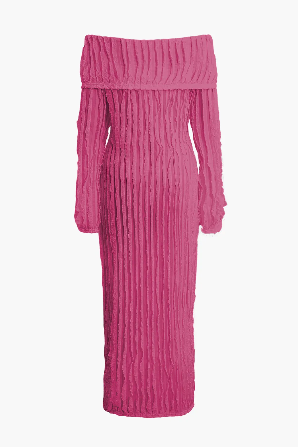 Off Shoulder Textured Button Up Slit Long Sleeve Maxi Dress