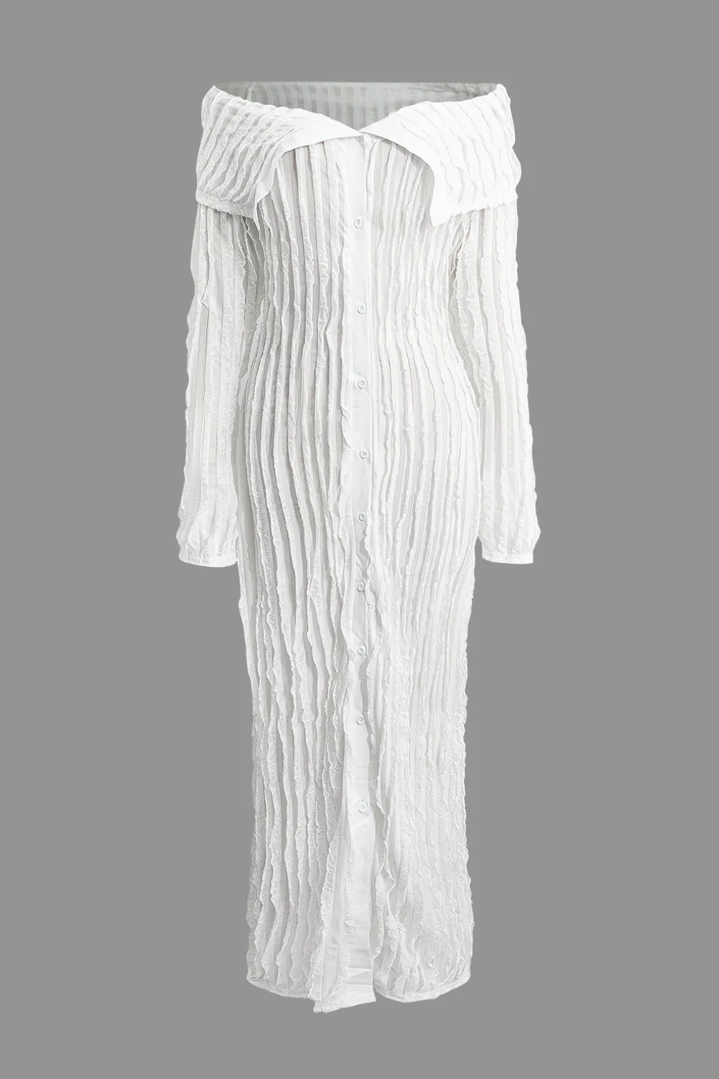 Off Shoulder Textured Button Up Slit Long Sleeve Maxi Dress