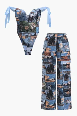 Oil Painting Pattern Drawstring Strappy Top And Pocket Trousers Set