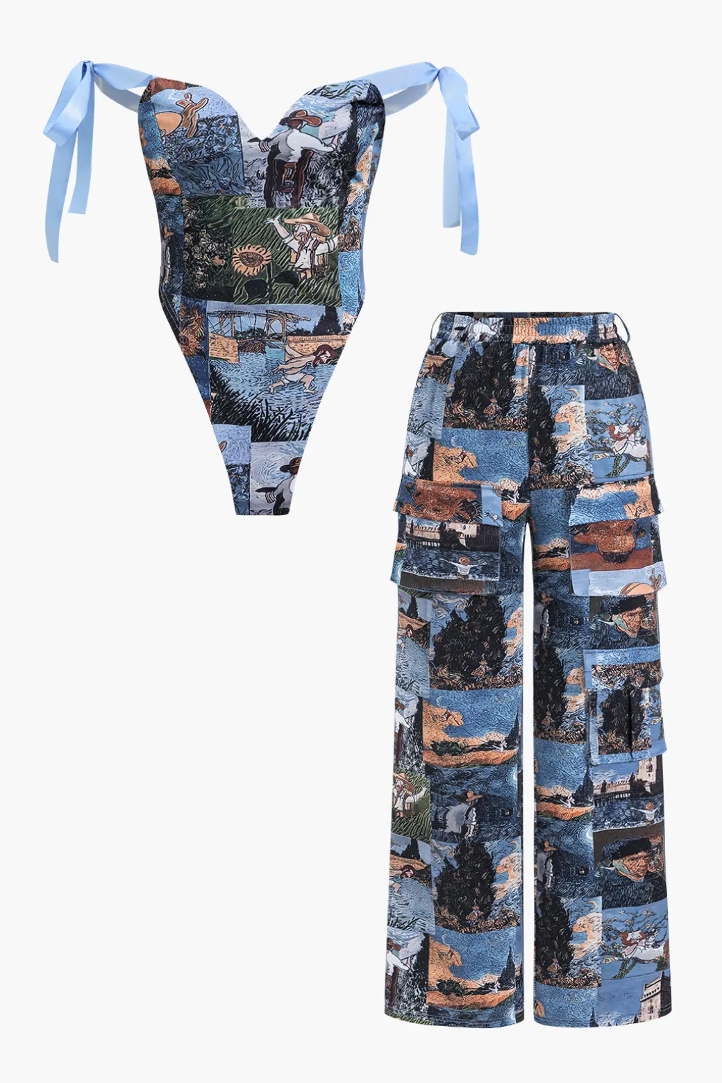 Oil Painting Pattern Drawstring Strappy Top And Pocket Trousers Set