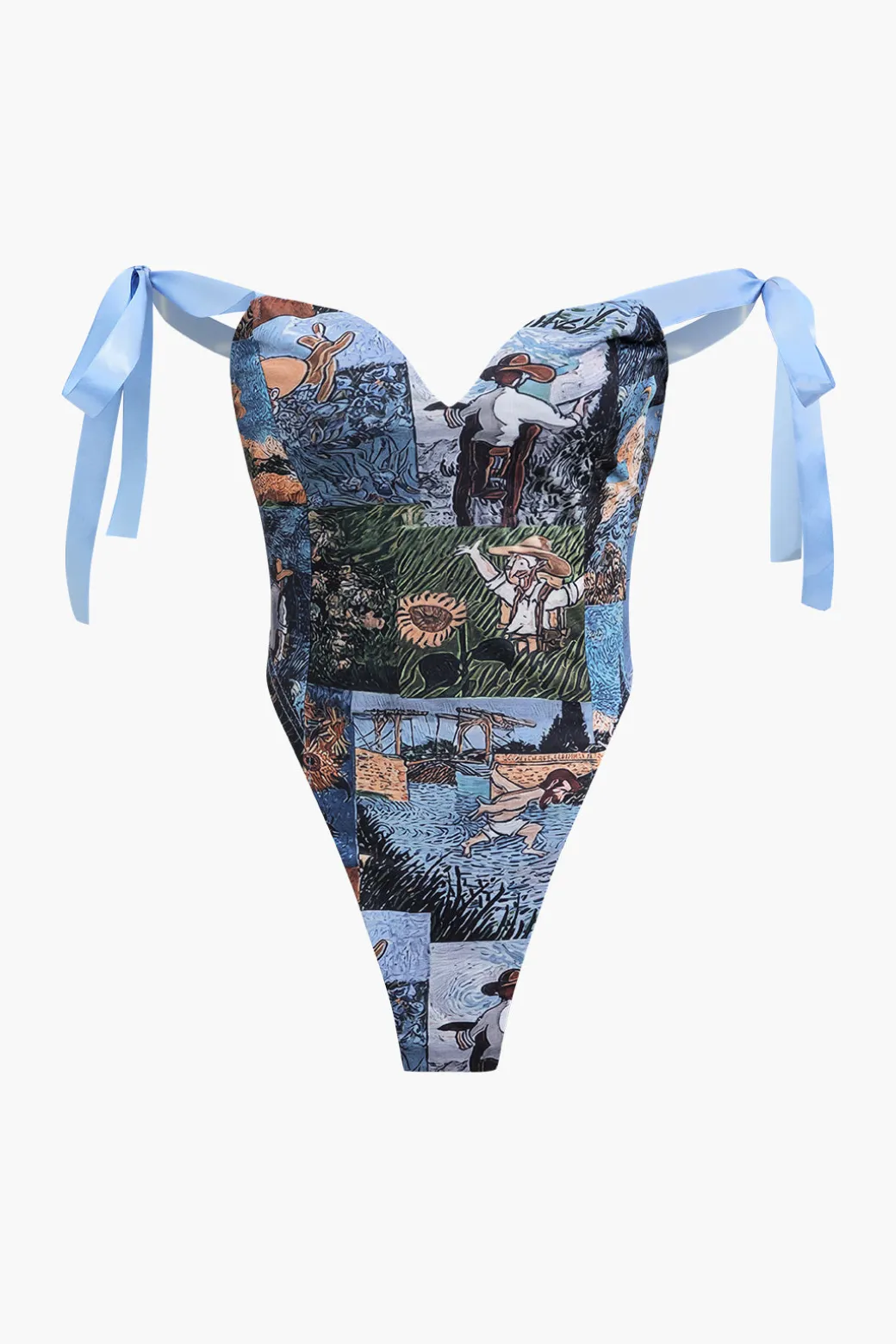 Oil Painting Pattern Drawstring Strappy Top And Pocket Trousers Set