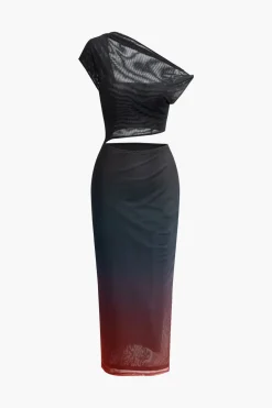Ombre Cut Out Asymmetrical Mesh Slit Midi Dress