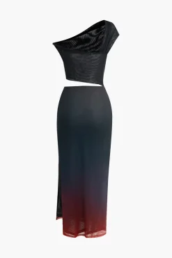 Ombre Cut Out Asymmetrical Mesh Slit Midi Dress